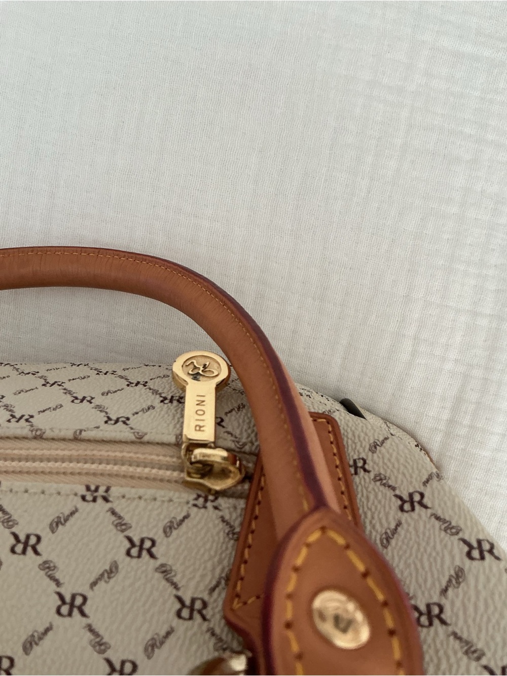 RIONI Felicity Monogram Ivory Satchel with Tan Leather Handles - Picture 6 of 9